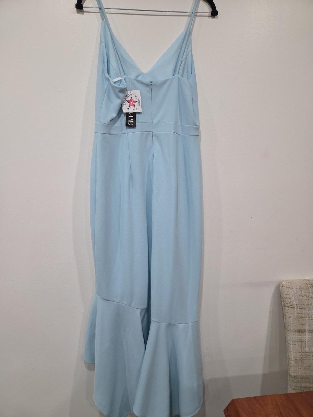Xscape $335 Light Blue High-Low Ruffle V-Neck Dress - Picture 3 of 4